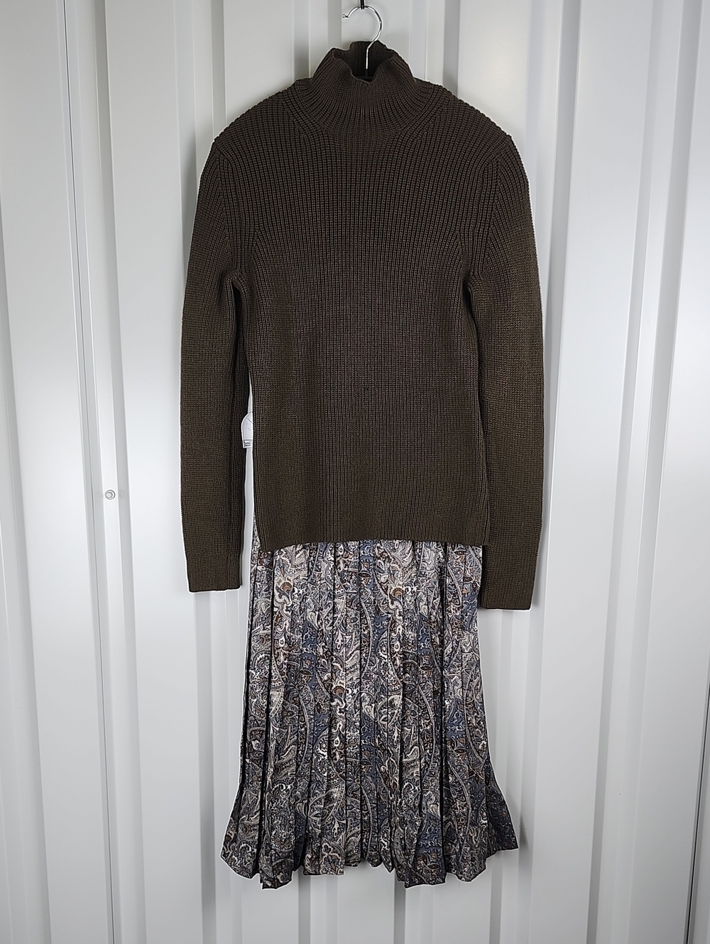 Jaeger Wool Brown Ribbed Turtleneck w/ Printed Pleated Skirt XS Vintage Academia